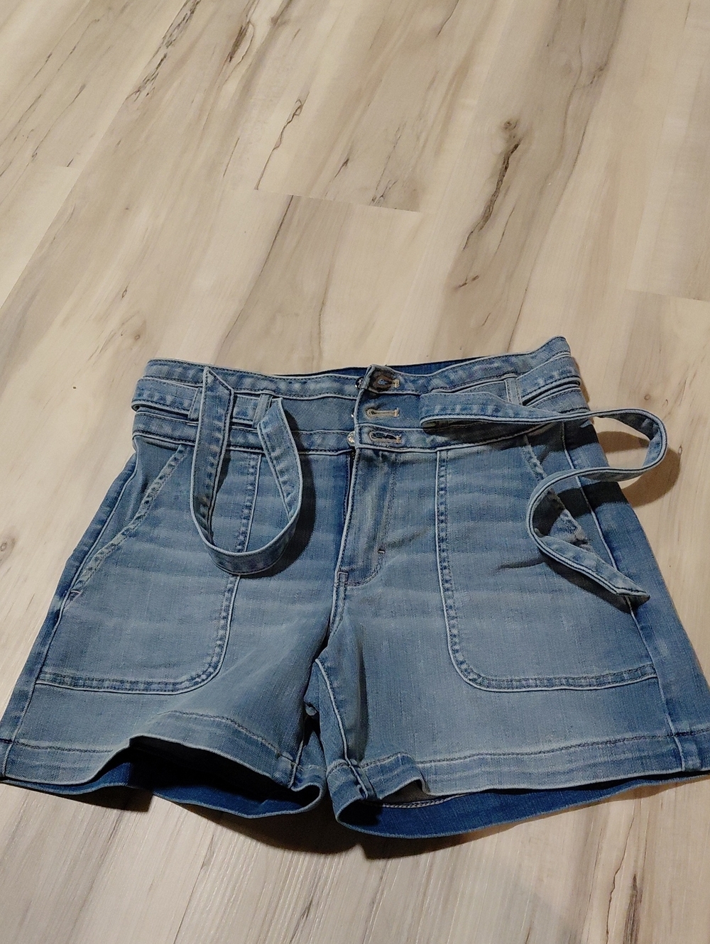 White House Black Market Light Blue Denim High-Waist Shorts with Waist Tie